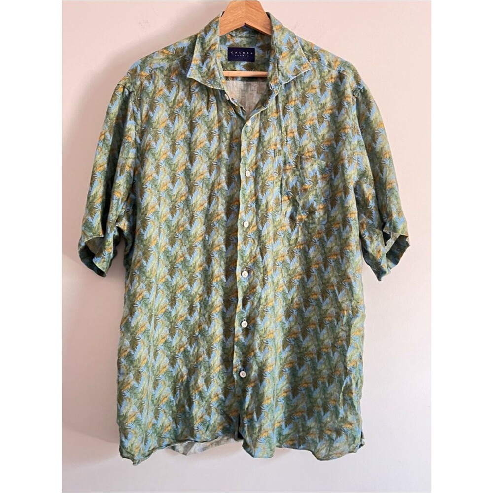 Calder Carmel Green Tropical Print Mens Size Large 100% Linen shirt